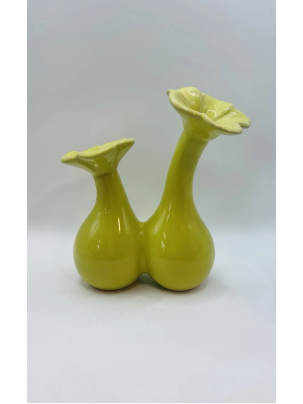 Vintage Chartreuse Double Bulb Ceramic Vase Yellow Green Whimsical Two Stem